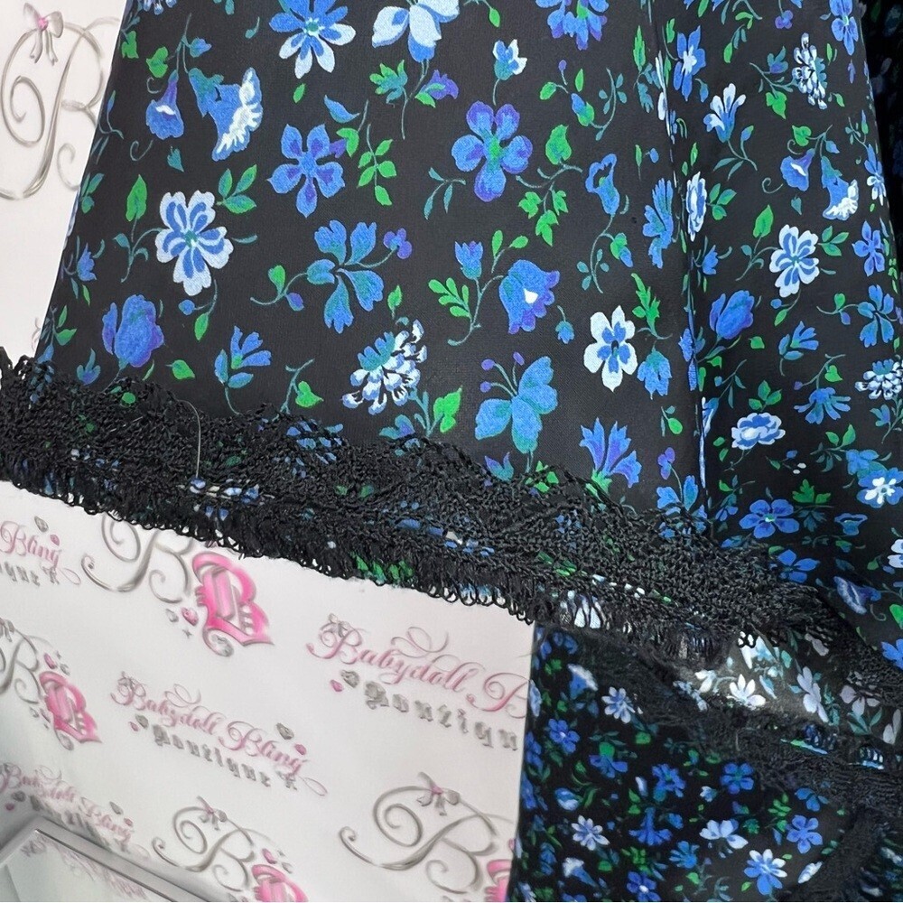 Zara long maxi flowers black Floral Blue Skirt green lace trim bottom hem - Picture 7 of 13